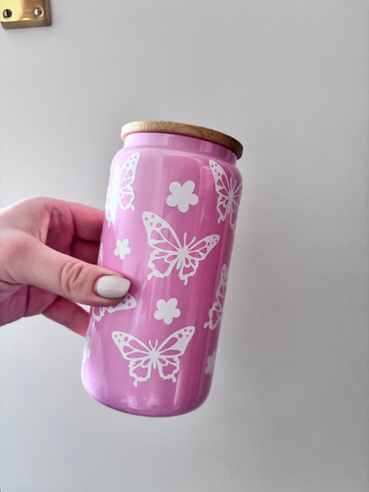 Pink Butterfly Glass Tumbler