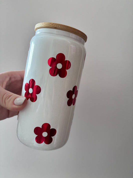 White red flower glass tumbler