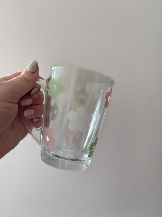 Pink and green flowers glass mug