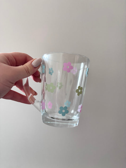 Purple, green, blue mix flowers glass mug
