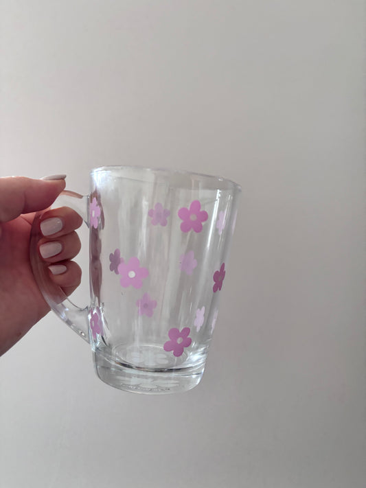 Purple flowers glass mug