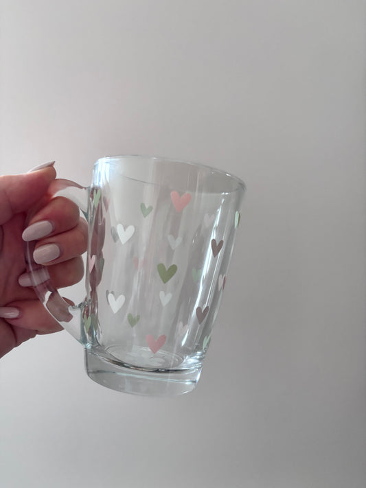 Pink and green hearts glass mug