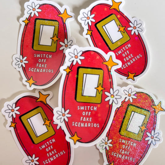 Five die-cut stickers shaped like red flip phones with white daisy accents and gold stars, printed with the text 'SWITCH OFF FAKE SCENARIOS', arranged on a light beige background.