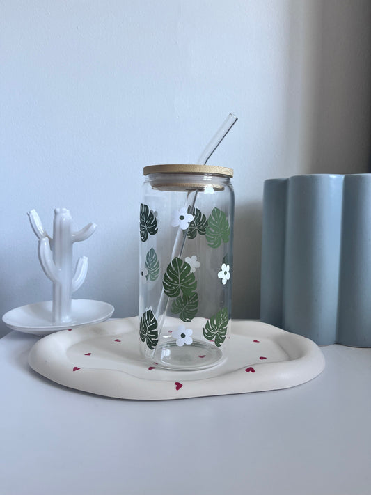 Monstera + Flowers Glass Tumbler